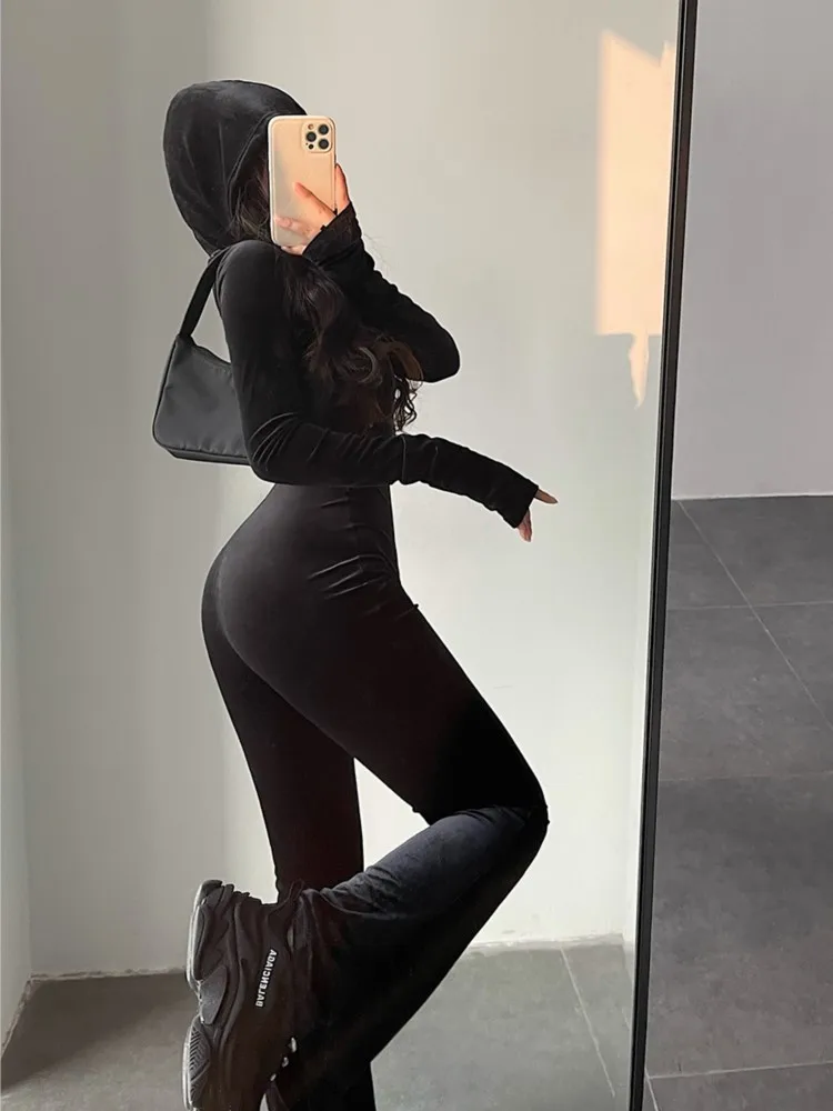 Autumn Sexy Bodycon Black Velvet Jumpsuit Women Fashion Hooded Zipper Flare Pants Rompers Vintage Y2k Streetwear Winter Outfits