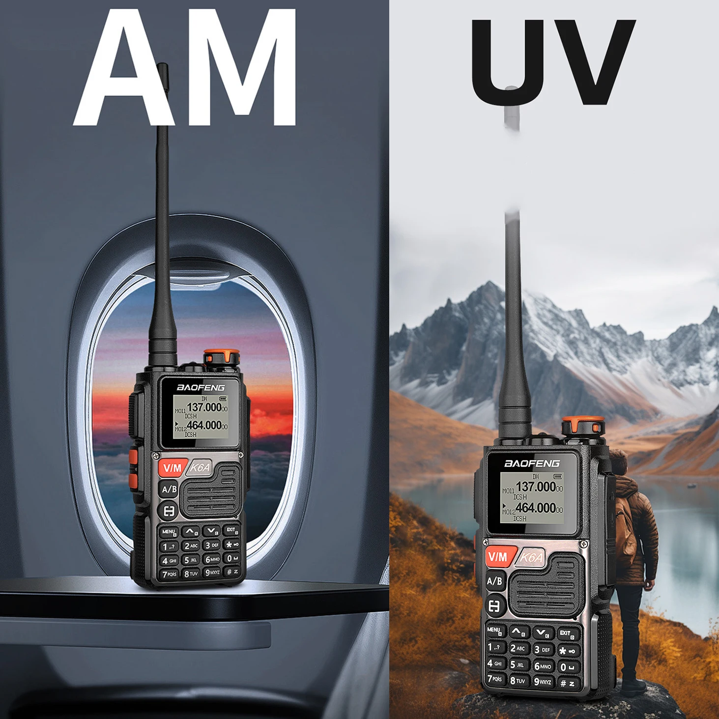 1 قطعة BAOFENG K6A جهاز اتصال لاسلكي محمول AM/FM فرقة الطيران وظيفة عداد التردد ، بطارية طويلة الأمد TYPE-C