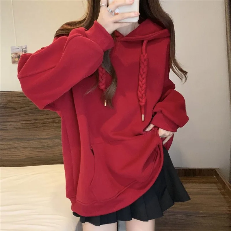 QWEEK Korean Style Hooded Sweatshirts Christmas Red Women\'s Hoodie Oversize Long Sleeve Pullovers Autumn Winter Warm Fashion New