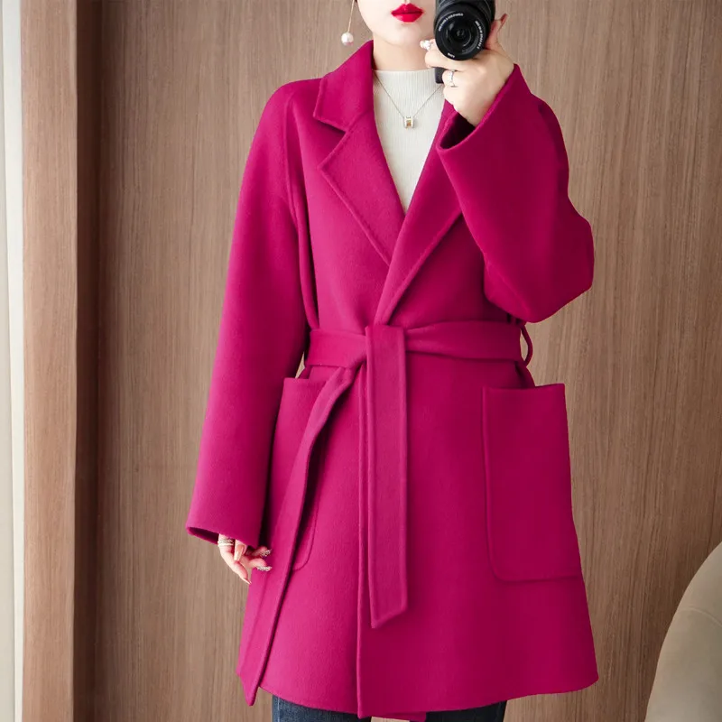 

100% wool Double-sided Woolen Cashmere Coat Women Autumn Slim Temperament Female Casual Wool Coats With belt JJ690
