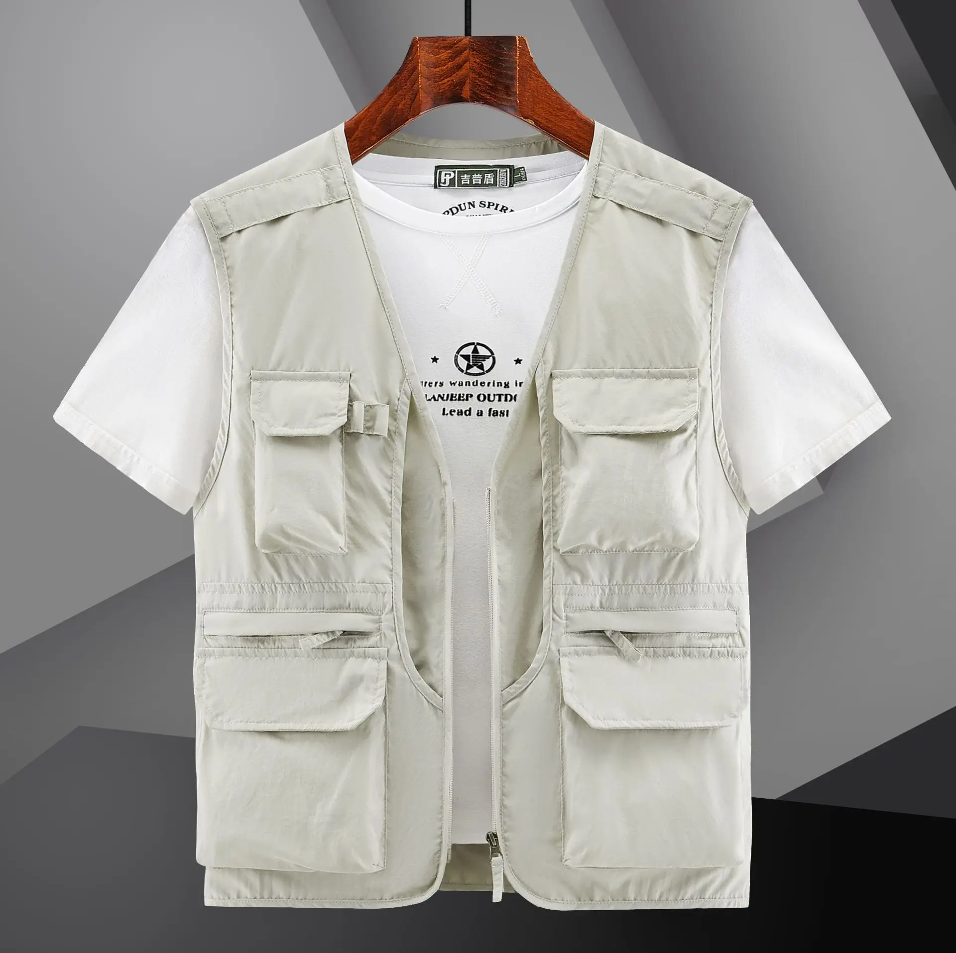 Spring Autumn Multi-Pocket V-Neck Quick-Dry Fishing Vest Men's Plus Size Casual Top