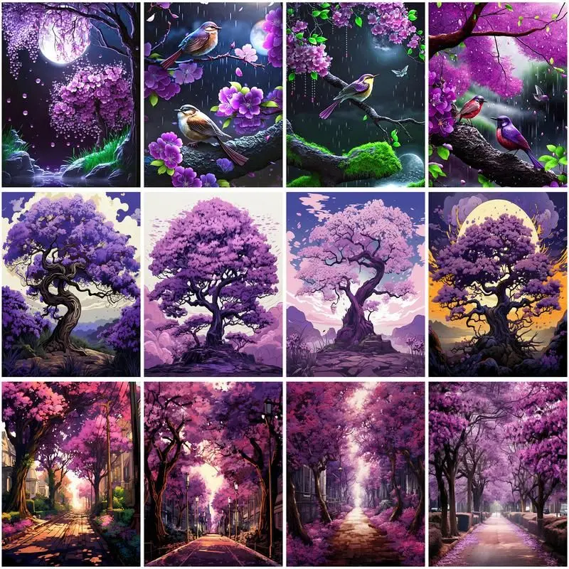 

GATYZTORY DIY Coloring By Number Purple Tree Kits Painting By Number Landcape Modern Drawing On Canvas HandPainted Art Gift