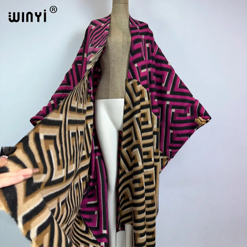 WINYI-cárdigan con estampado de Oriente Medio para mujer, abrigo holgado, bata larga, chaqueta gruesa y cálida, caftán de talla libre, Invierno