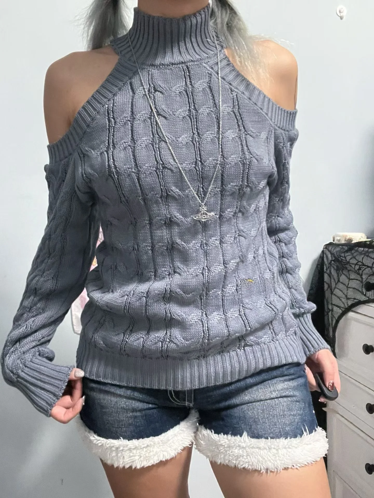 

High Collar oulder Bared Knitted Long Sve Sweater Y2K Ancient Twist ball Inner Wear Commute Sle Slim Fit Winter Fa...