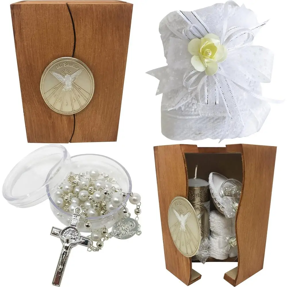 

Arcangeles Mexicanos Католический набор свечей для крещения в деревянной коробке с полотенцем, свечой, четками и ракушками для маленьких мальчиков и девочек. H