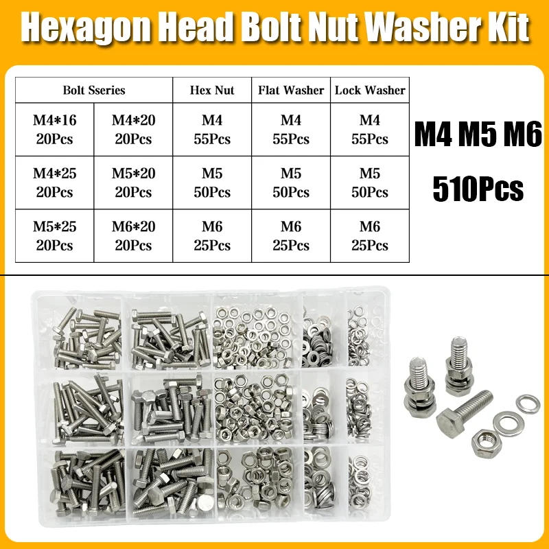 Zestaw 510 szt. Zestaw śruba sześciokątna zewnętrznych M4 M5 M6 z podkładka do nakrętki zestawem śruby i nakrętki ze stali nierdzewnej sześciokątna główka zestaw śrub do roweru