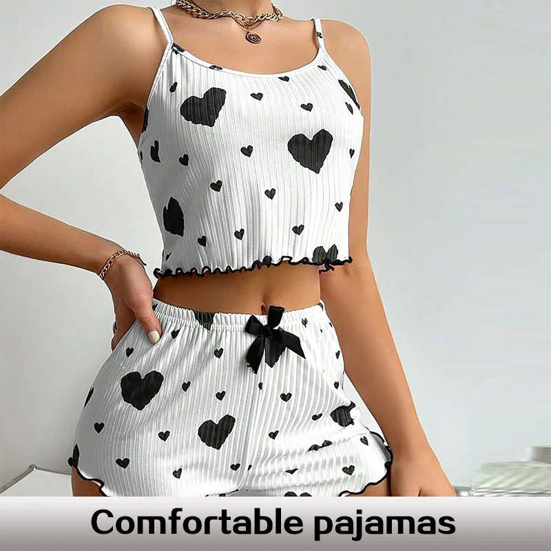 Ladies\' Summer Two-Piece Printed Ice Silk Suspender Pajama Set with Heart-Shaped Printed Bow Decoration Pajama Set