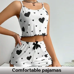 Ladies' Summer Two-Piece Printed Ice Silk Suspender Pajama Set with Heart-Shaped Printed Bow Decoration Pajama Set