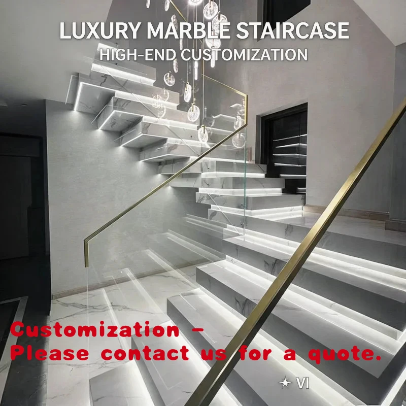 custom.Marble Design Indoor Floating Stair Kits Glass Railing Marble Stair Steps Modern Stairs