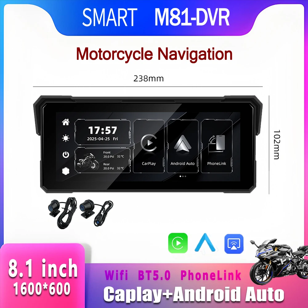 SMART 8.1 Inch Motorcycle GPS Navigator, Wireless CarPlay & Android Auto Portable Digital Dashboard with TPMS Display Monitor