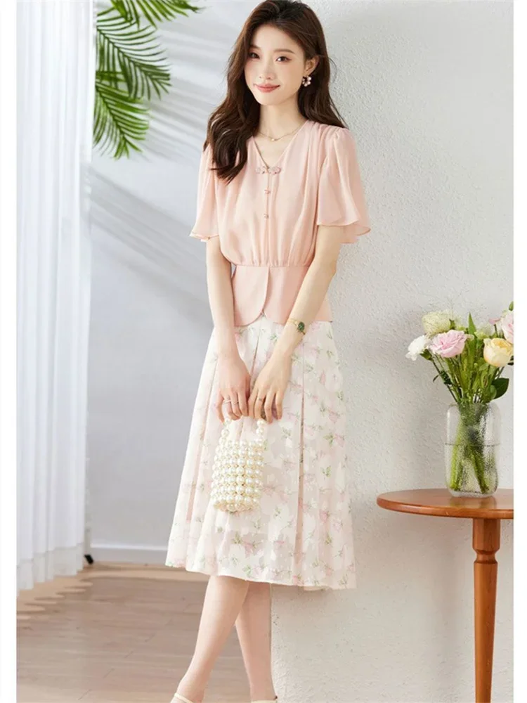 Damesblouse Nieuwe zomer V-hals chiffon overhemd met korte mouwen Chinese stijl Vintage tops Koreaanse mode vrouwelijke shirts