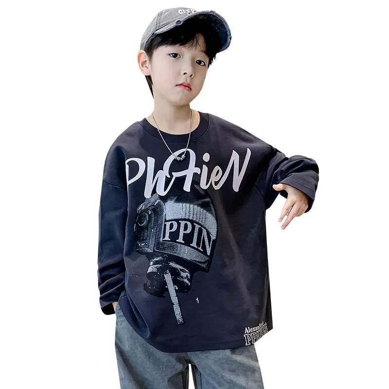 

Korean Boys Cotton Sweatshirt Without Hoodies Teens Baby Long Sleeve T-shirt Cool School Boy Street Costume Letter Print 5-14Y