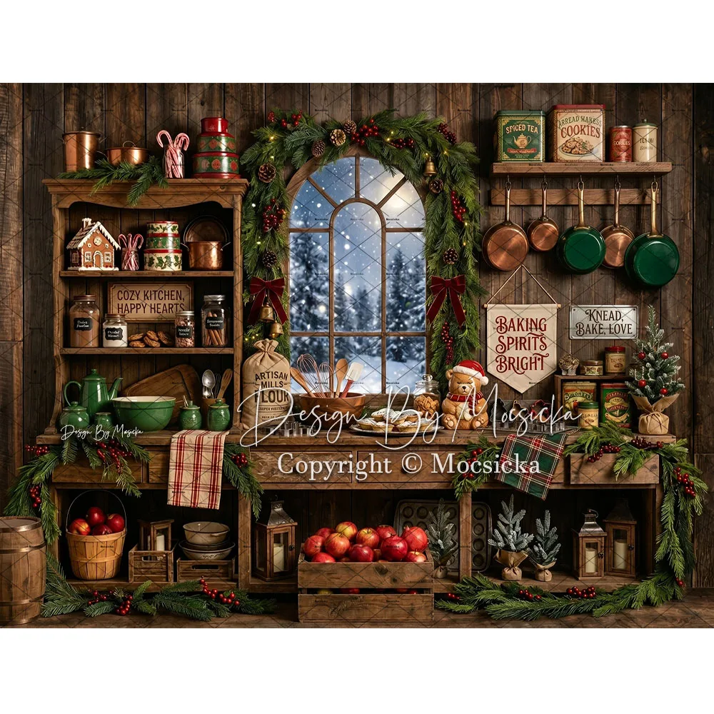 Mocsicka Christmas Bakery Kitchen Backdrop Photography Gingerbread Cookie Wooden Cabin Background Winter Family Holiday Photo