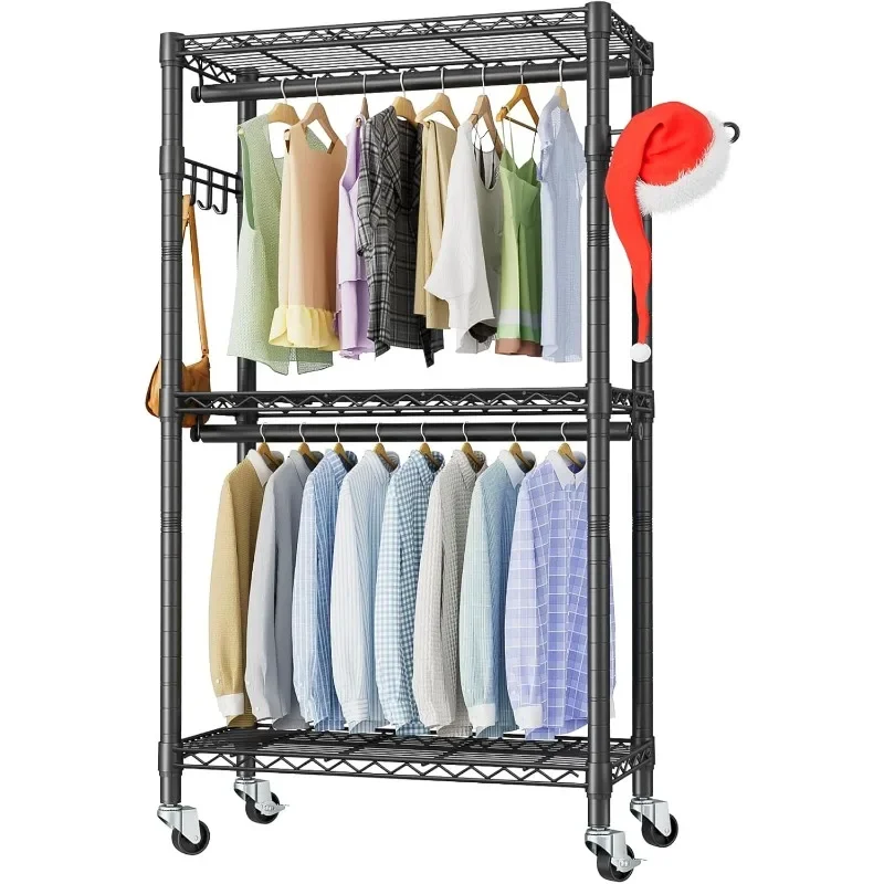 Heavy Duty Clothes Rack Rolling Garment Rack,3 Tier Adjustable Wire Shelving Clothing Racks for Hanging Clothes with Double