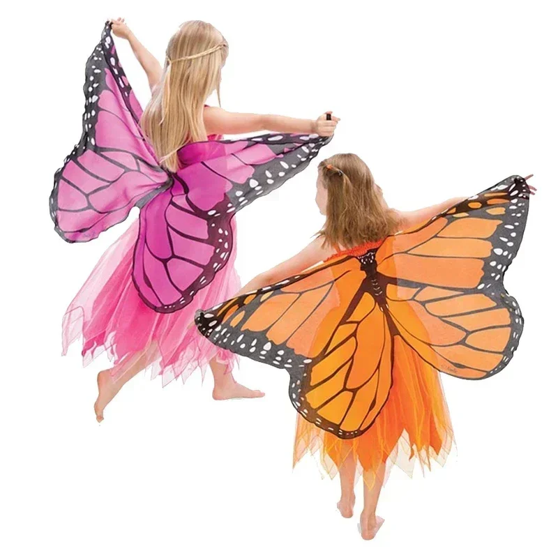 Kids Butterfly Cosplay Costume Girl Fairy Butterfly Wings Chiffon Blue Pink Purple Cloak Felt Cape Halloween Dress Up Costumes