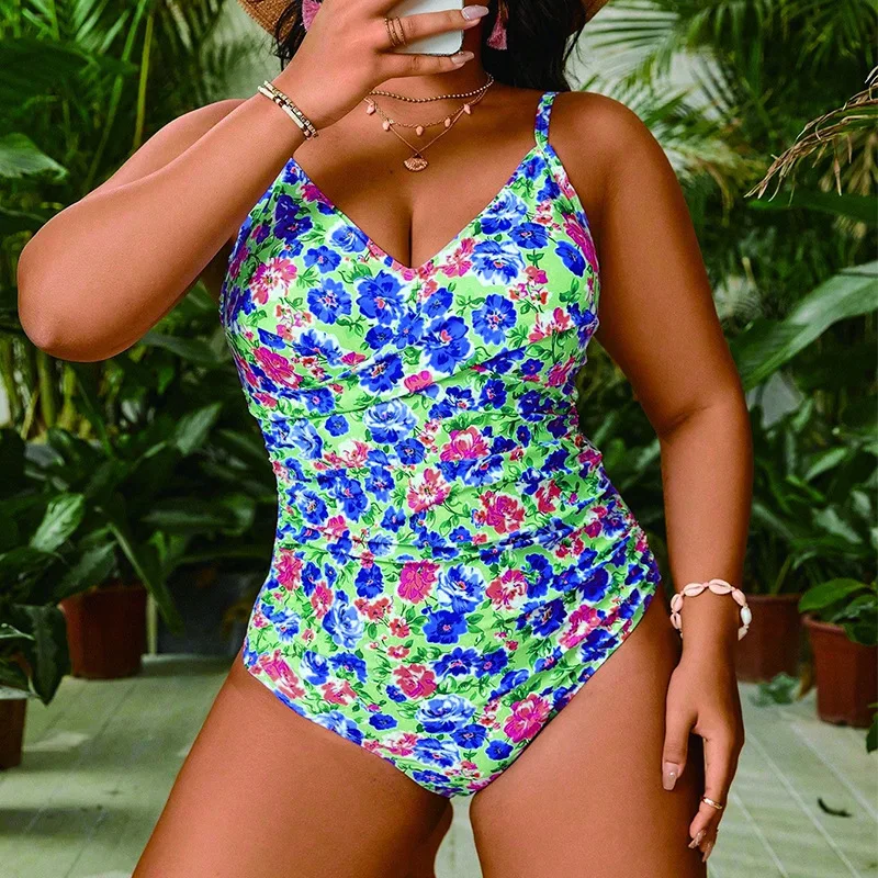 

2024New FloralVCollar Hot Spring Bathing Suit Slim Looking Belly Covering High Sense Siamese Conservative plus Size Bikini