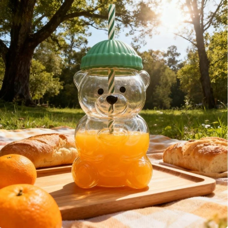 2025 nueva taza de cristal con pajita de oso, bonita taza de cristal de 20oz con pajitas para café, jugo, leche y té, tapa a prueba de fugas