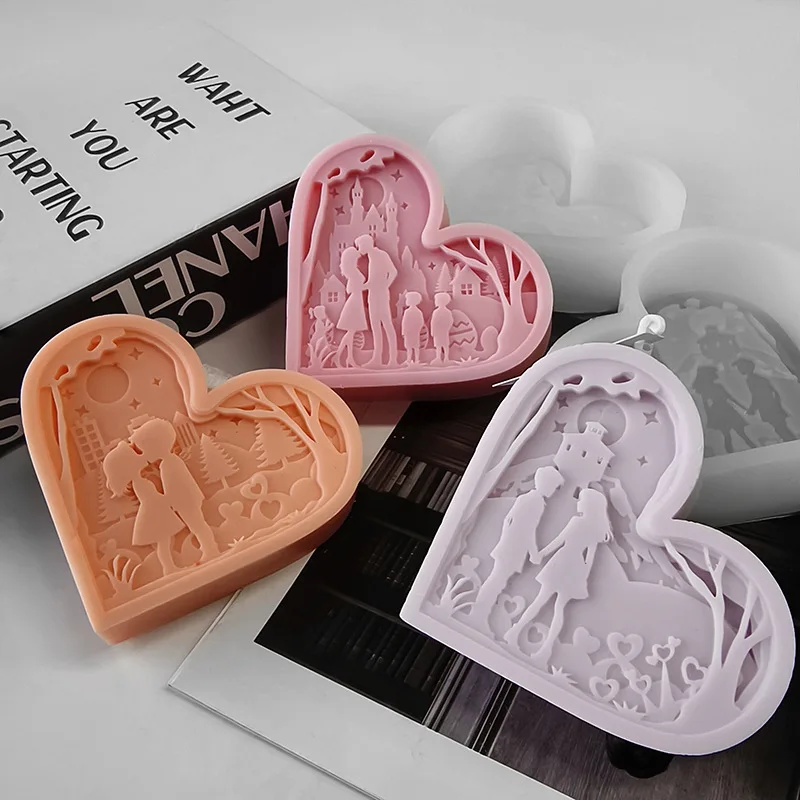 DIY Valentine\'s Day Couple Aroma Candles Silicone Mold Handmade Gift Love Heart Crystal Resin Plaster Ornaments Molds