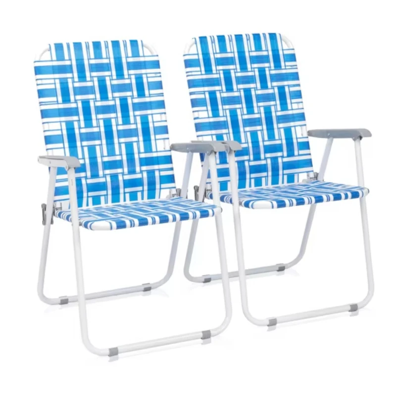 Pack of 2 120kg blue and white striped folding beach chairs with steel pipe and PP webbing, load-bearing