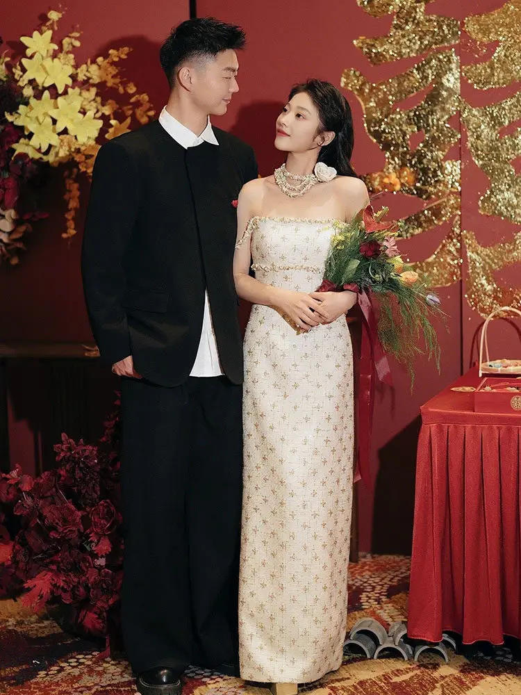 

Элегантное свадебное платье, роскошный легкий утренний халат для невесты, повседневная одежда в стиле «Маленький аромат», с бисерной отделкой, длинная юбка с завышенной талией