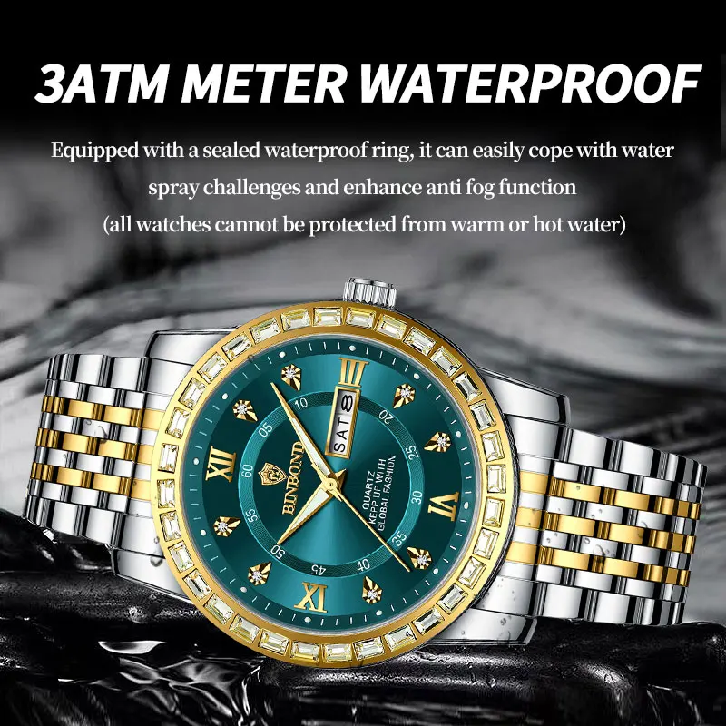 BINBONG Men's Quartz Watch Fashionable Business Diamond Inlaid Watch with Date and Week Display Waterproof and Luminous Pointer