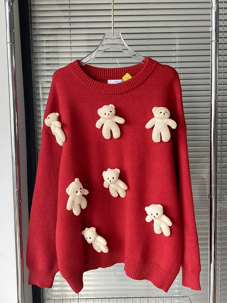 Preppy Style T-Shirts Women Christmas 3D Bear Cartoon Kawaii Long Sleeve Crochet Top Y2K Oversized Knitted Tees 2000s Aesthetic