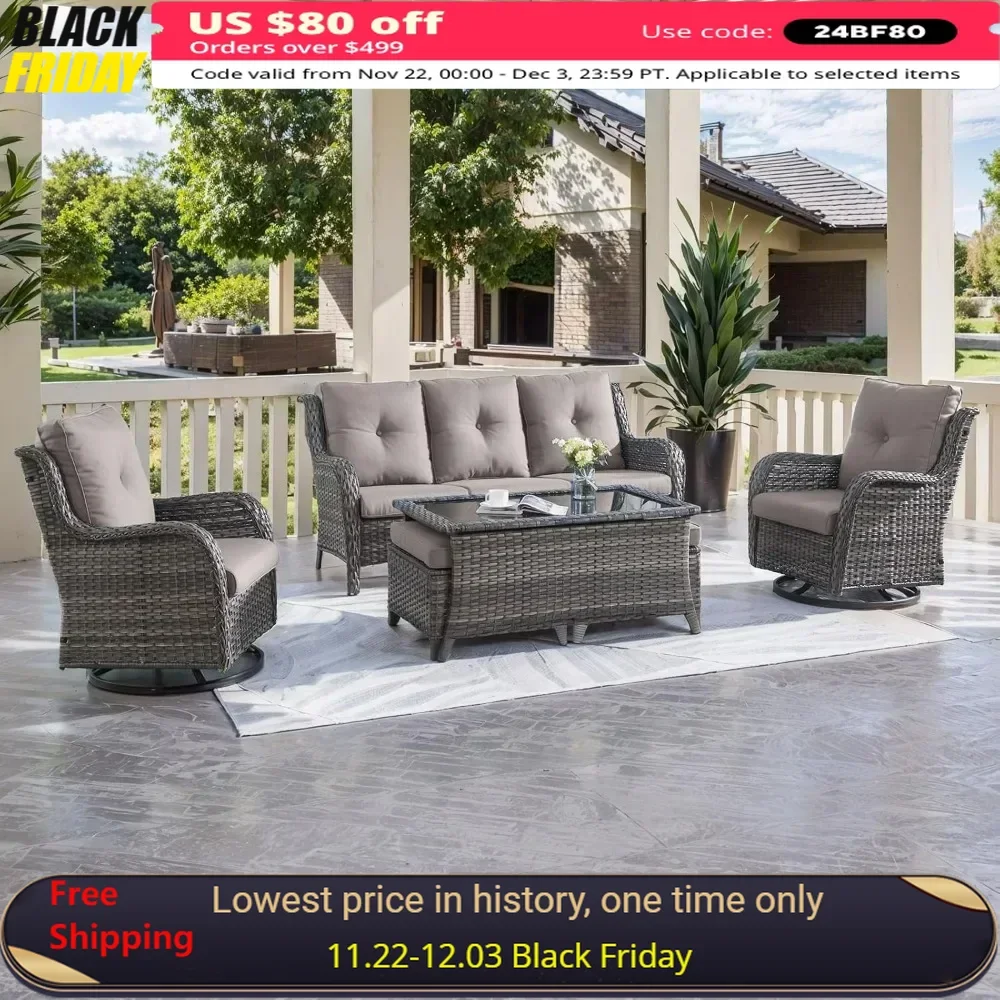 

Patio Furniture 6 Pieces Outdoor Furniture Set Wicker Outdoor Sectional Sofa with Swivel Rocking Chairs,Patio Ottomans