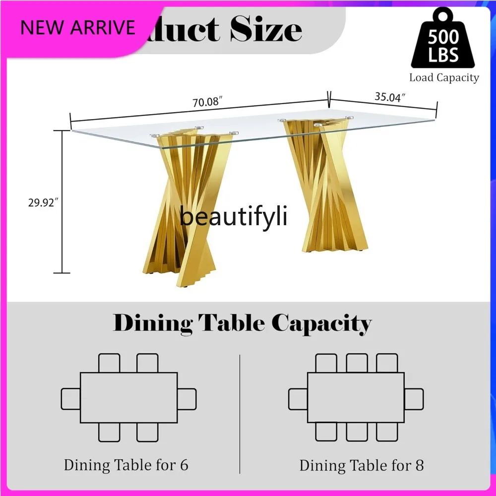 

C4567 70" Modern Glass Gold Dining Table for 6-8, Luxury Dining Table with Tempered Glass Top & Mirror Finish Stainless Steel Ba
