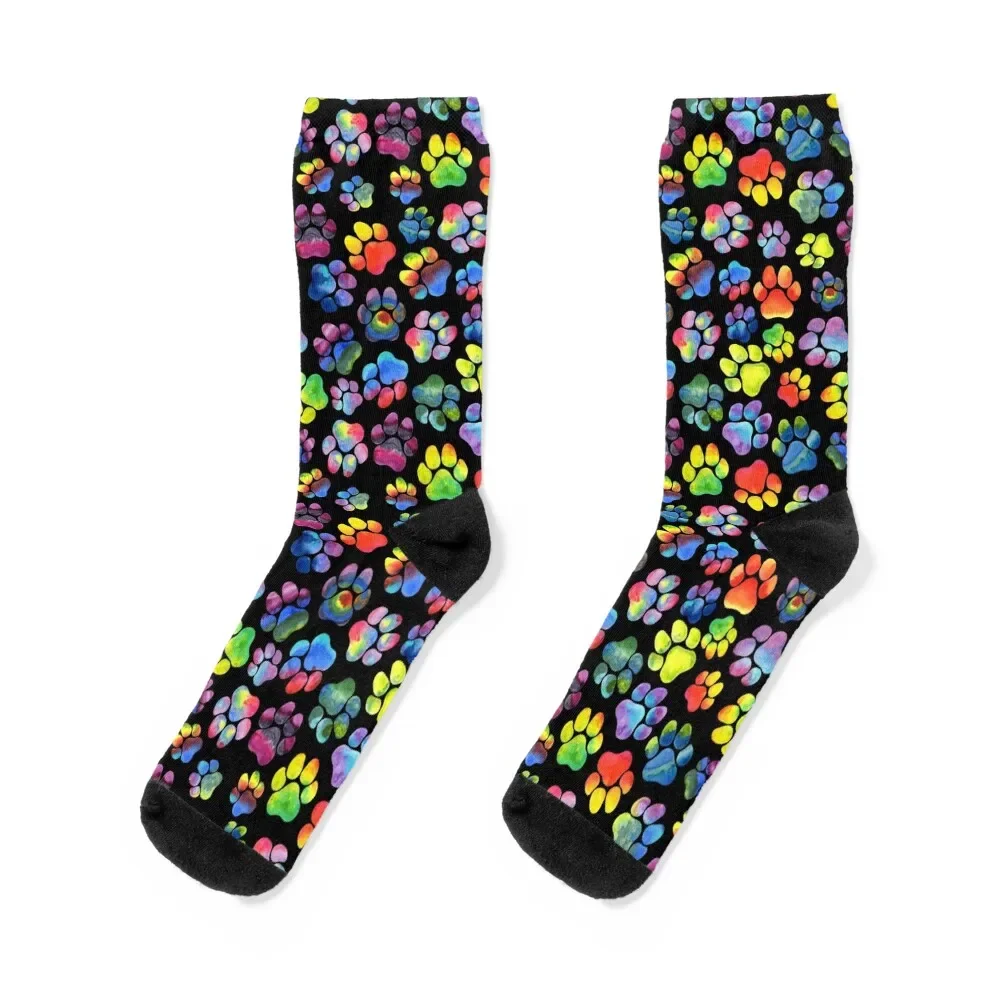 

Rainbow Paw Prints Watercolor on Black Socks happy fashionable valentine gift ideas anti-slip Women's Socks Men's