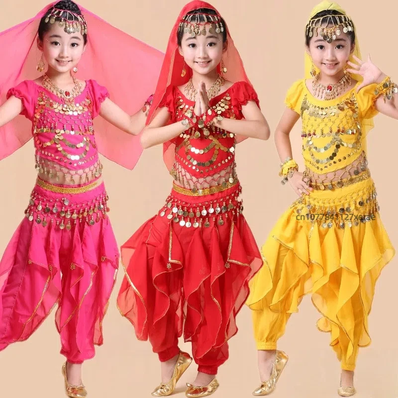 Детский костюм для индийского танца, топ с блестками, комплект вращающихся штанов, детское этническое выступление для танца живота для девочек