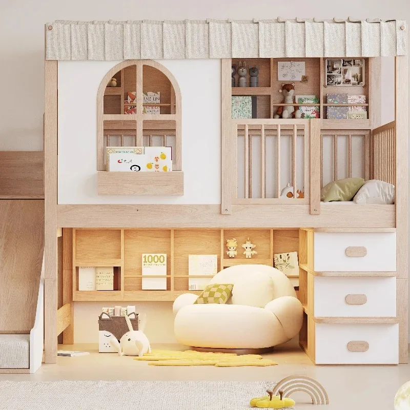 Tree house double bunk bed under bed suspended wardrobe all solid wood combination small apartment