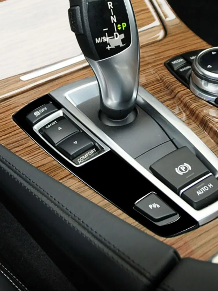 Cadre de panneau de changement de vitesse central de voiture, couvercle de bouton en plastique PVC souple, garniture noire Piano pour BMW série 5 F10 F07 X3 X4 F25 F26 2010 – 2017