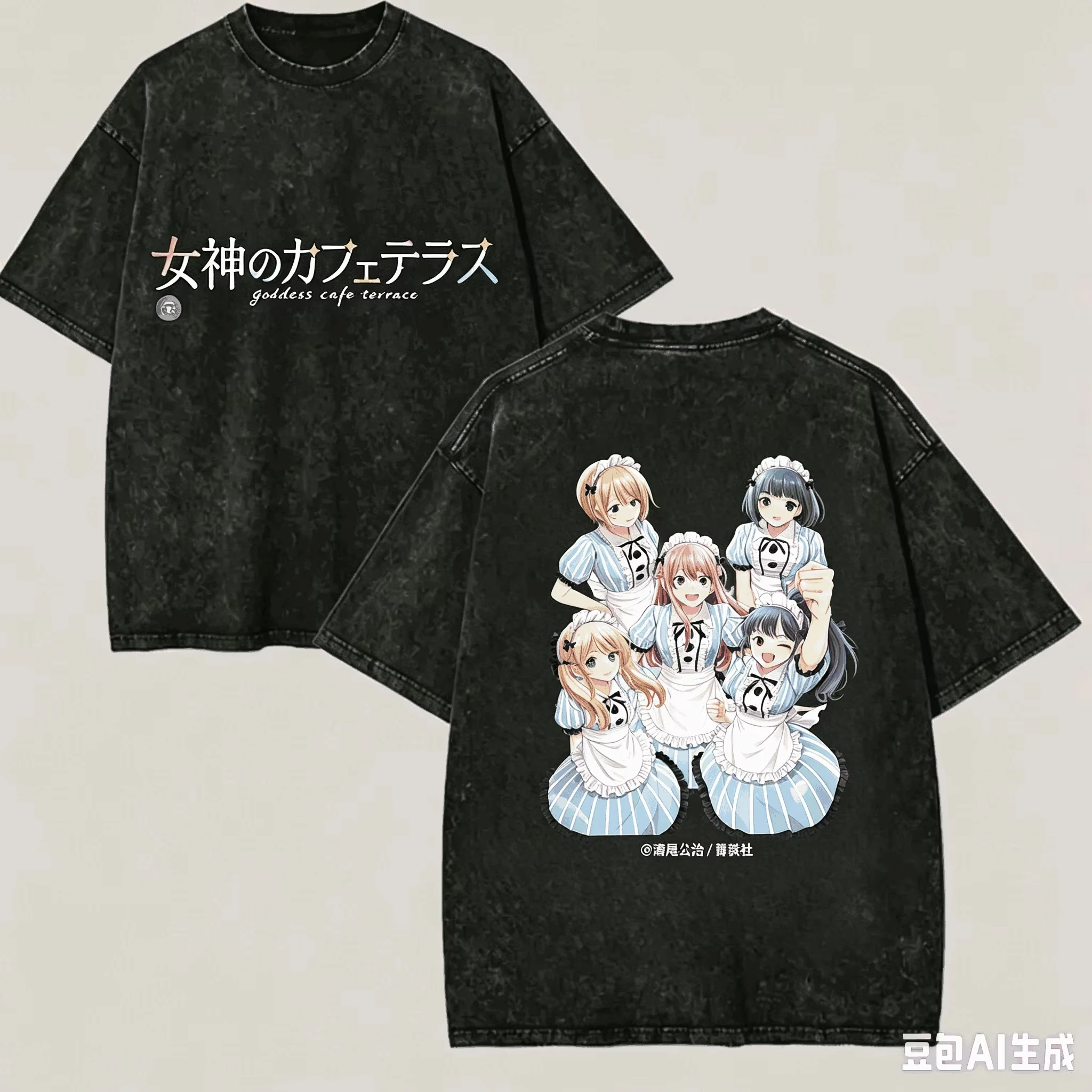 Vintage Washed Goddess Cafe Terrace Anime Graphic T Shirt Soft Cotton Short Sleeve Oversized Loose Unisex Manga Streetwear Tops