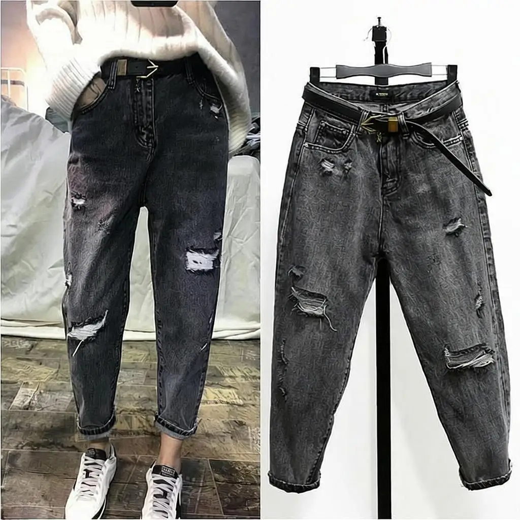 High Waist Denim Jeans Women's Autumn Straight Leg Cabbage Pants Korean Loose Student Harlan Old Dad Pants Hole Punching