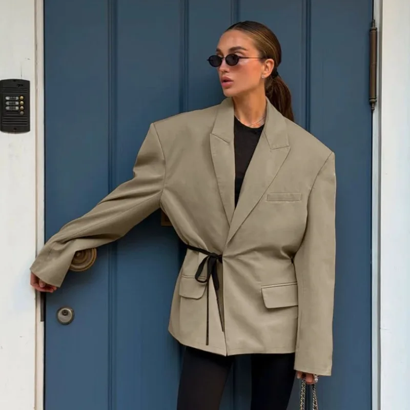 Women Winter Oversized Blazer Jacket, Shoulder Pads Notched Lapel Coat, Khaki Tie Waist Mid Length Casual Suit Outerwear