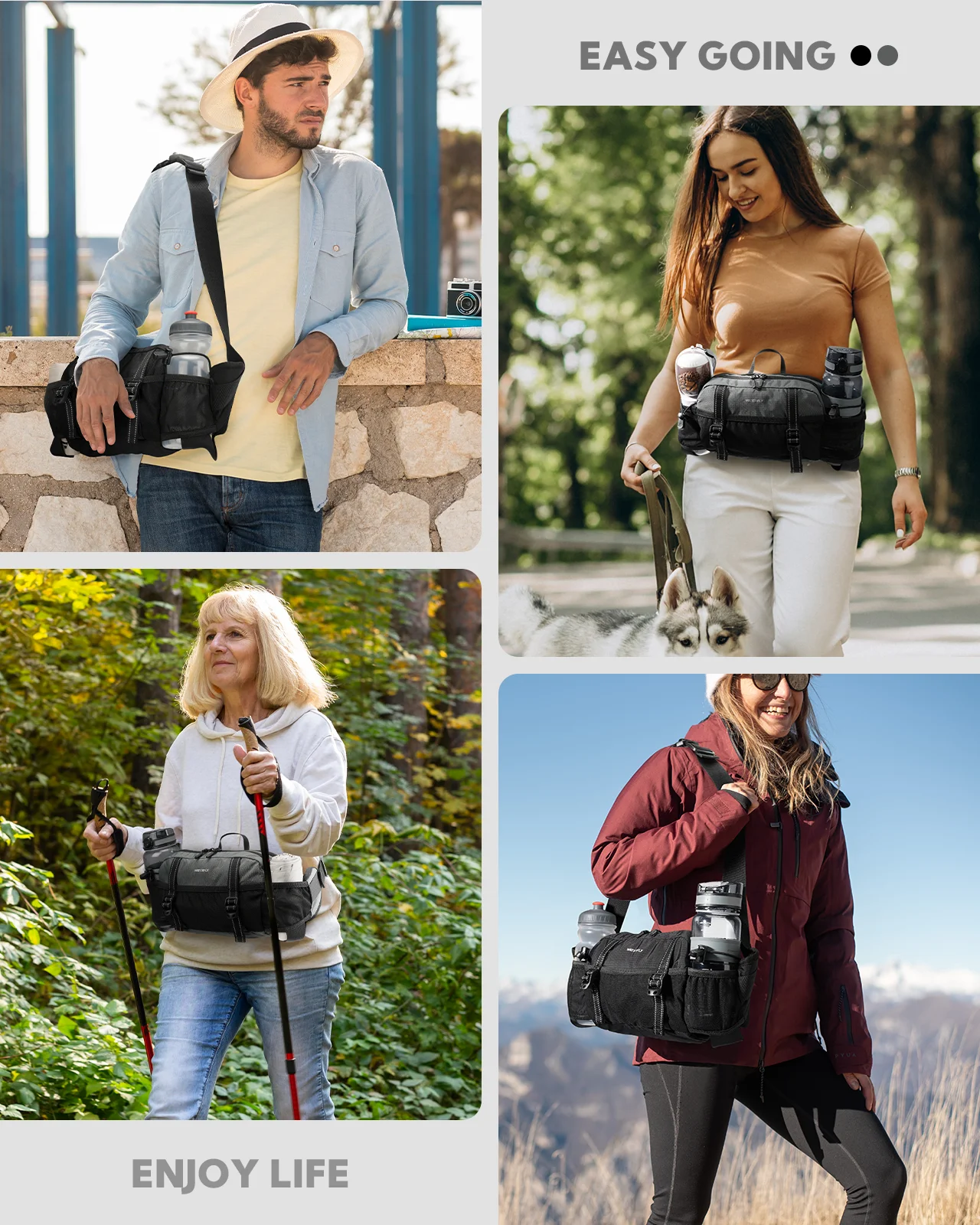 Marsupio da escursionismo WATERFLY da 3 litri - Marsupio con 2 portabottiglie e 9 tasche, cintura regolabile, ideale per viaggi, corsa, ciclismo