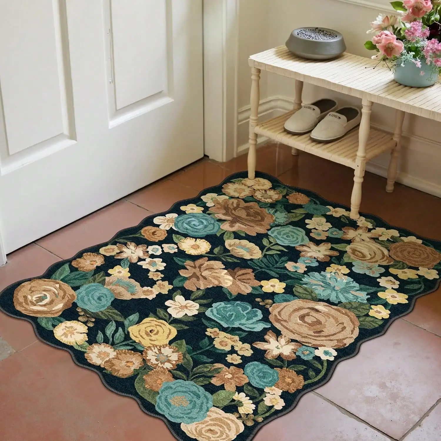 

Beige Area Rug 2x3 Entryway Floral Boho Door Mat Indoor Washable Kitchen Carpet Non Slip Bedroom Lightweight Low Pile Accent Rug