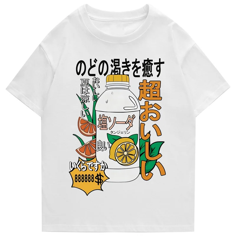 Hip Hop T-shirt 2024 Japanese Hanja Letter Beverage Print T-shirt Street Clothing Harajuku Summer Short sleeved T-shirt y2k