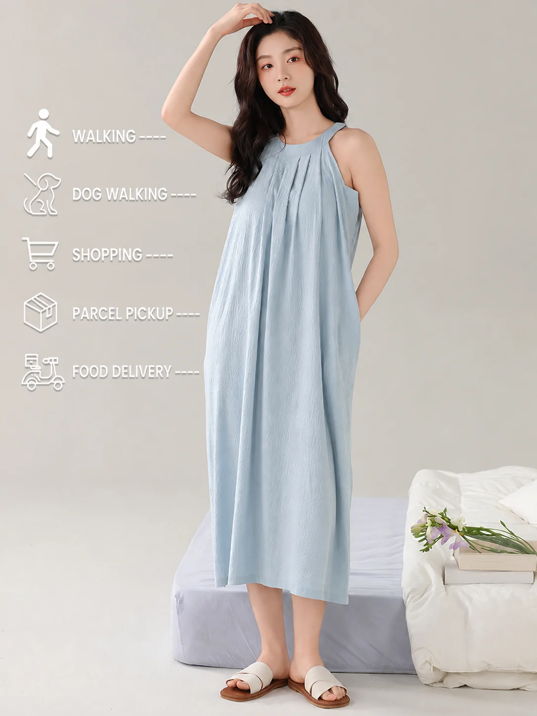 Women's Padded Sleeveless Nightgown Built-In Bra Removable Pads Long Loose Soft Sleep Dress Summer Lounge Wear Home Dress Pocket