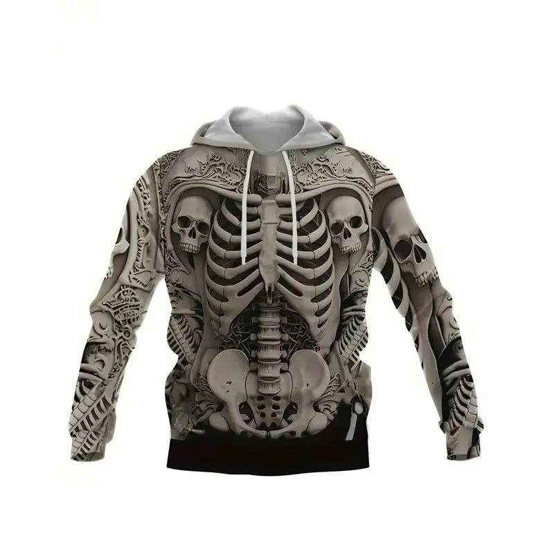 A trendy and fashionable sportswear set featuring a 3d printed skull skeleton hooded sweatshirt and long pants for men in 2025