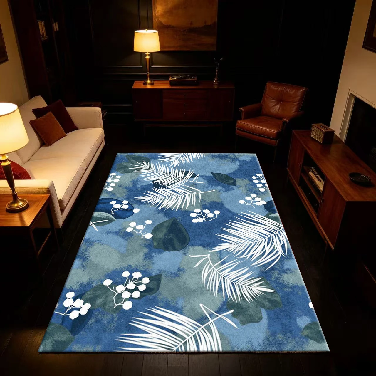 Blue Tropical Palm Leaves White Floral Seamless Pattern Carpet Floor Non-Slip Mat