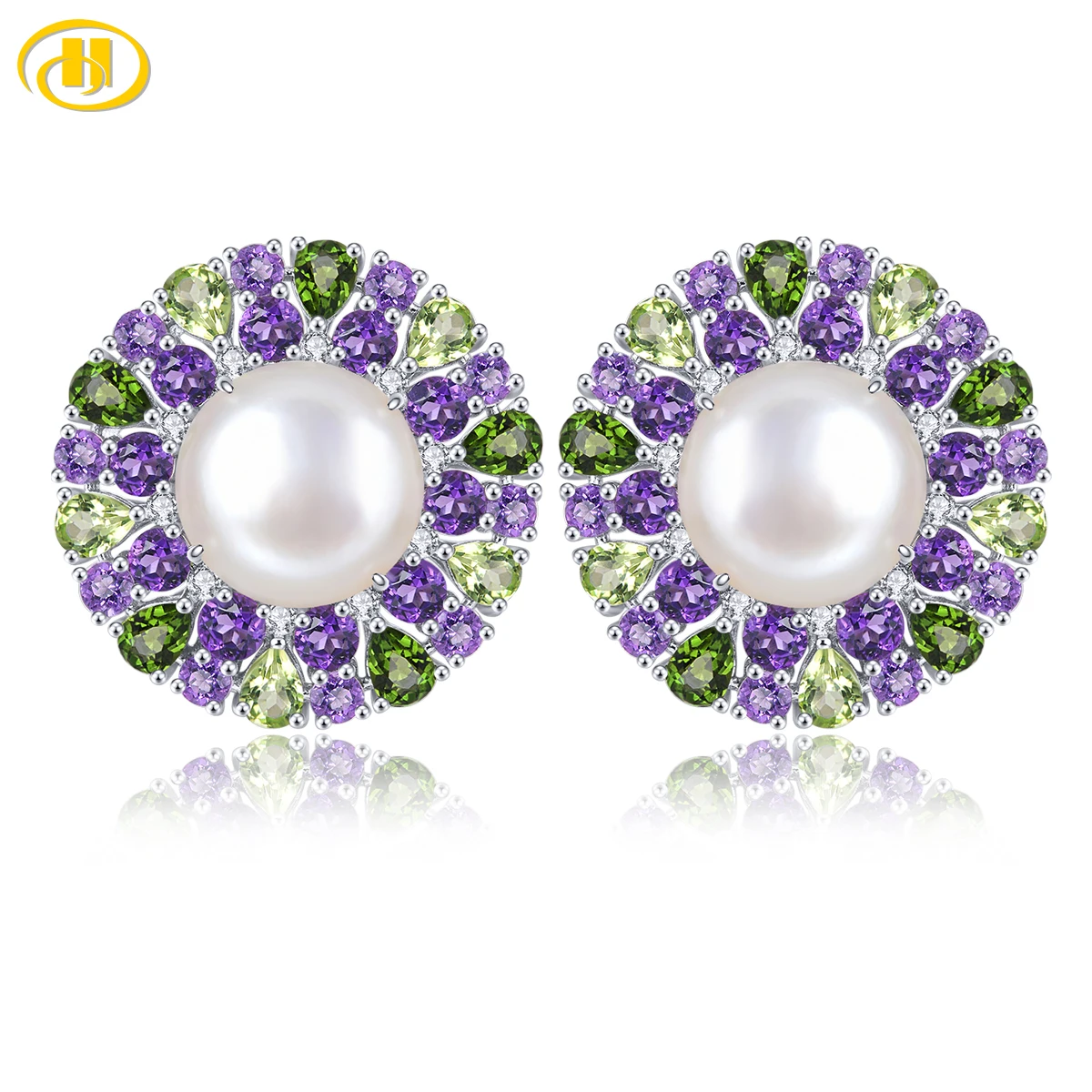 Natural Multicolor Gemstone Amethyst Peridot Solid Sterling Silver Clip Earring 21.6 Carats Genuine Pearl Gorgerous Luxury Gifts