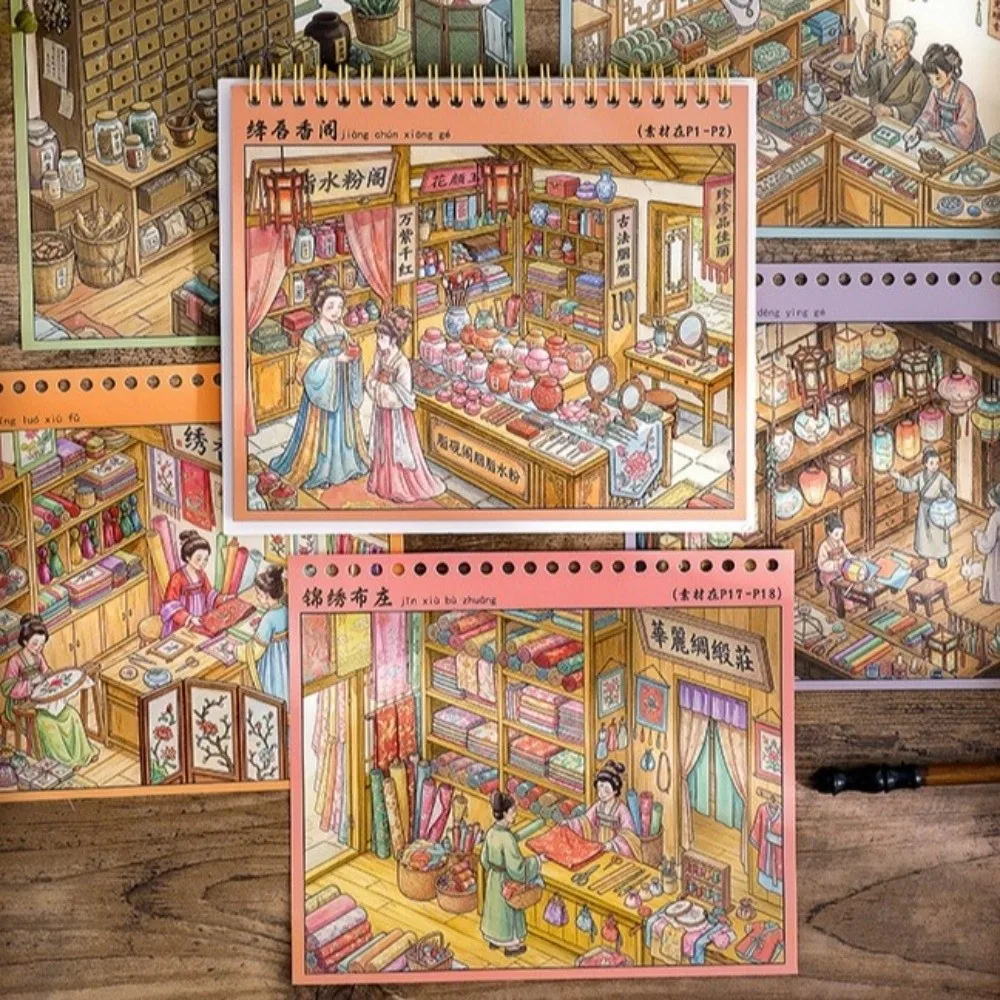 Ancient Shop Theme Miniature Scene Sticker 10 Scenes Tang Dynasty 3D Cabin Stickers Clothing Shop Scene Sticker Book DIY Craft