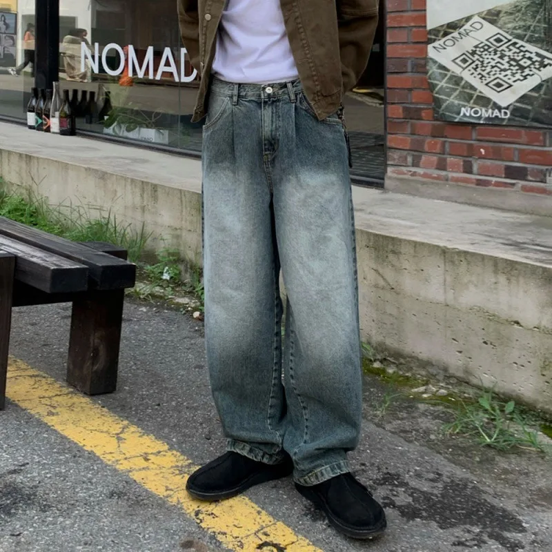 

Spring New Fashion Vintage Blue Straight Loose Wide Leg Jean Trousers Men's Casual Trendy Gradient Color Korean Style Jeans Pant