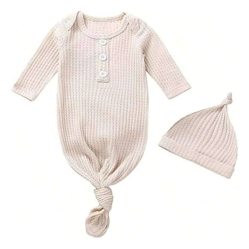 090B Baby Girls Boys Coming Home Outfit Comfortable Knotted Gown Bathrobe with Matching Hat Photo Props For Nighttime Use