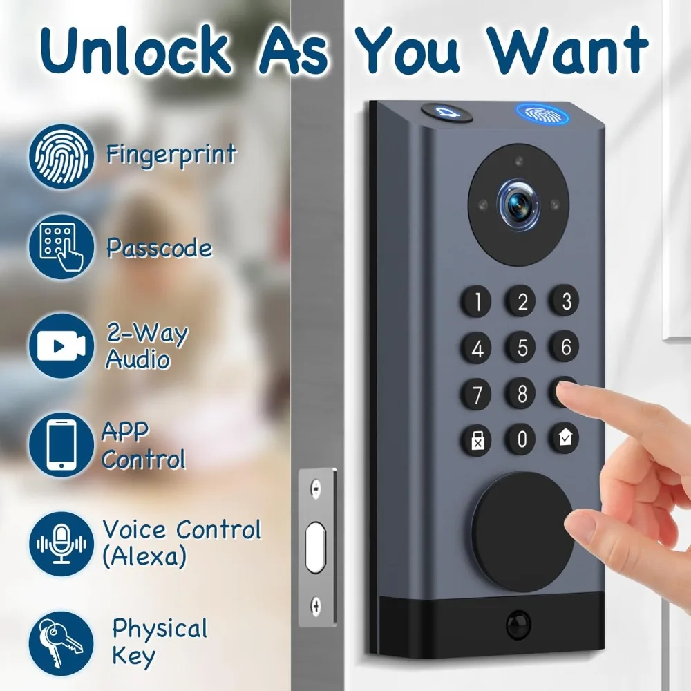 Smart Lock with Camera, Keyless Entry Door Lock Deadbolt with WiFi Video Doorbell, Fingerprint Electronic Keypad Code Door Lock