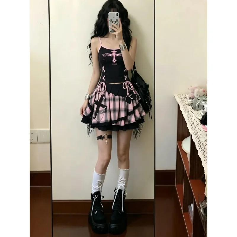 Vintage Y2k Harajuku 2pcs Spicy Girl Pure Desire Subculture Gothic Vest Subcultural Pleated Color Blocked Short Skirt Female