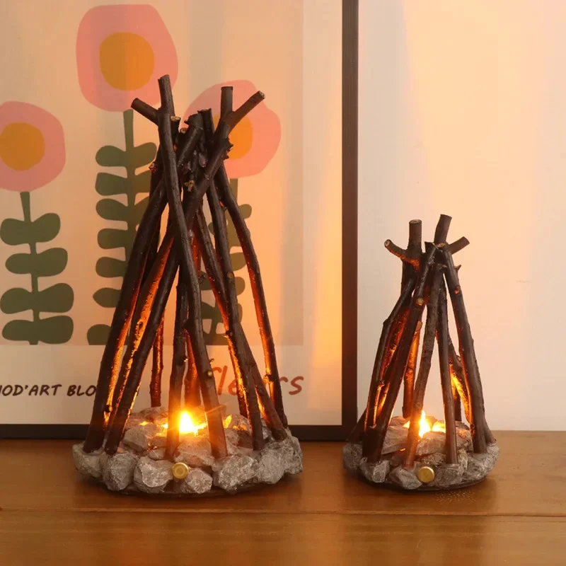 Stone Base Wood Branch LED Table Lamp, Touch Control Faux Flame Night Light, Ambience Decor Light For Bedroom Table Decor Gift