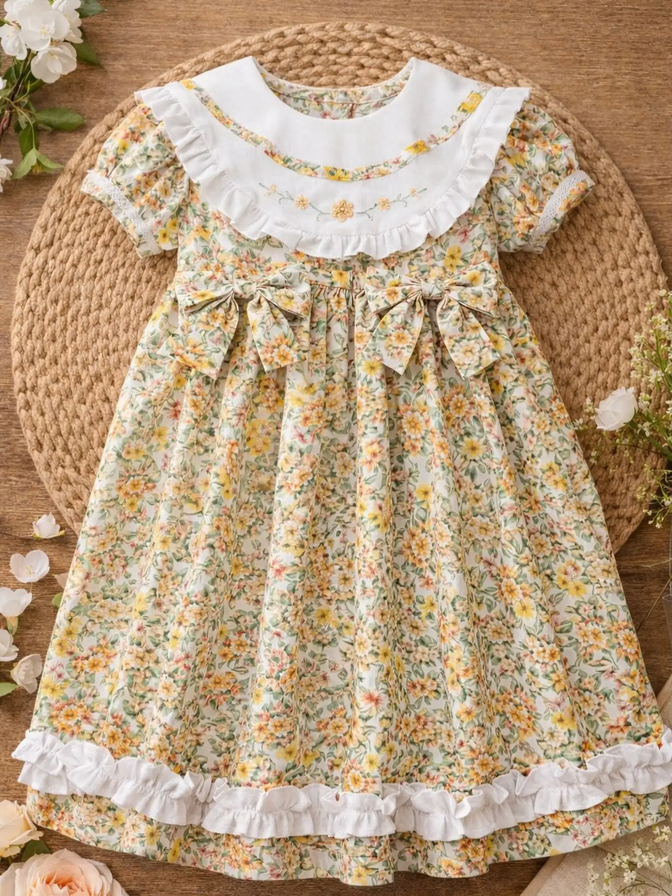 

Summer Girl Flower Embroidery Yellow Printed Dress For Casual Party Birthday Wedding Photography