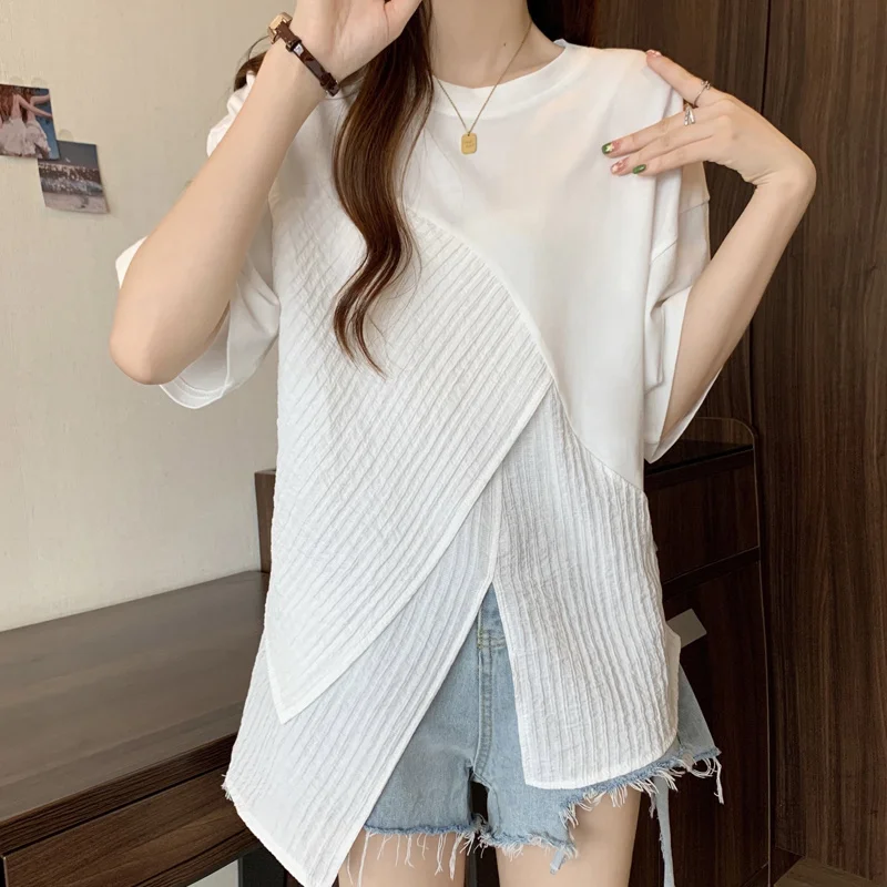 Women\'s Clothing Fashion Irregular T-shirt Asymmetrical Spliced Summer Korean Short Sleeve Solid Color Casual O-Neck Pullovers